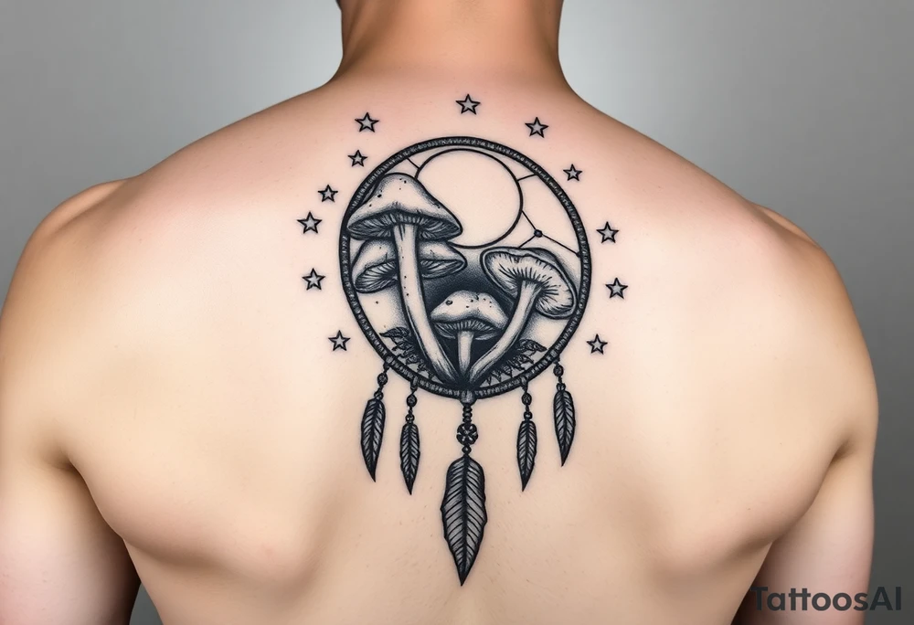 Psychedelic mushrooms inside a dreamcatcher with stars and the moon tattoo idea