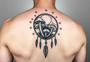 Psychedelic mushrooms inside a dreamcatcher with stars and the moon tattoo idea