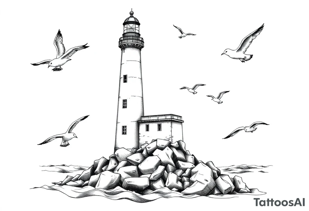 Lighthouse in the sea around flying seagulls tattoo idea