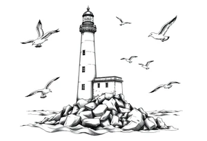 Lighthouse in the sea around flying seagulls tattoo idea