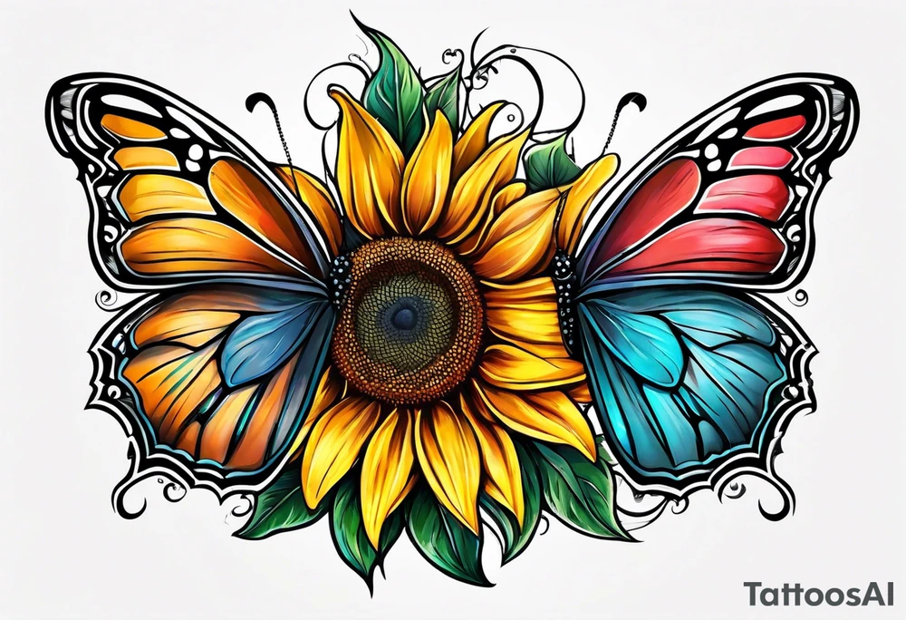 Half butterfly half sunflower tattoo idea