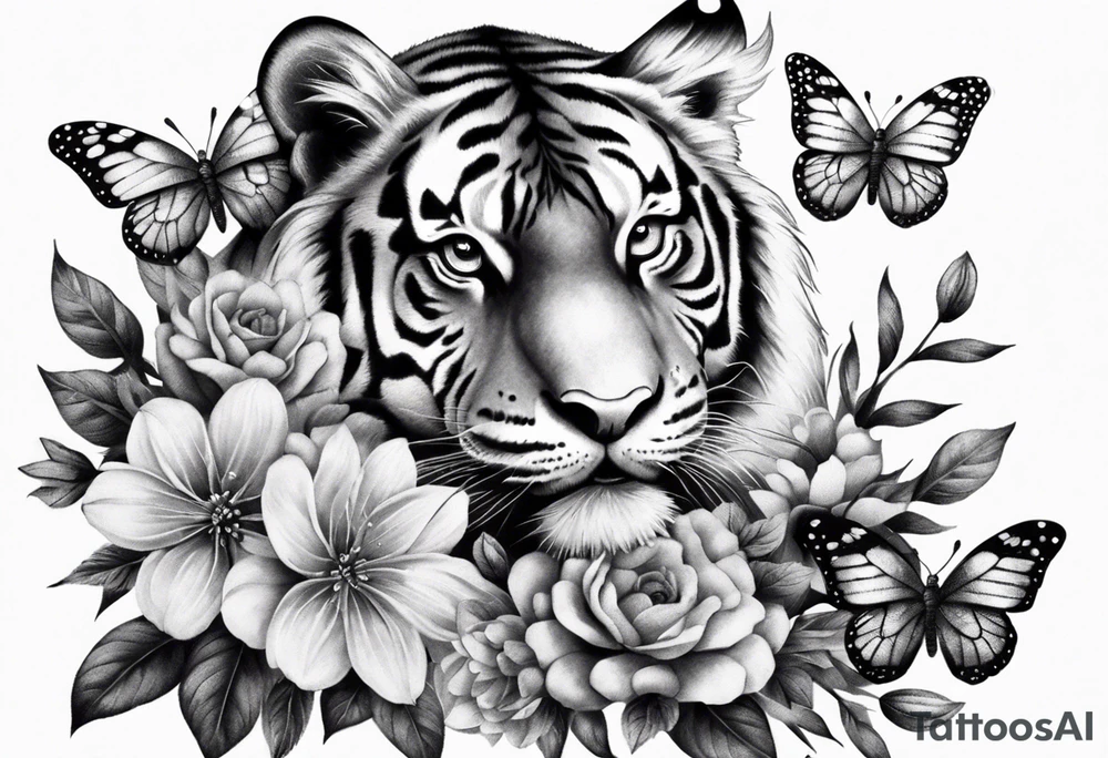 realistic full body tiger, 3 butterflies, flowers for ladies thigh / hip shaded tattoo idea