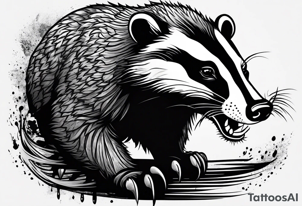 Draw me psychopath badger with aggressive full body, killer face with a smile, very long nails and he attacks like a Bloody Gladiator to enemy and also, he has very deadly looking. He fights with his nails. Everybody scares after their first sight. Give me horror type Badger Tattoo. tattoo idea