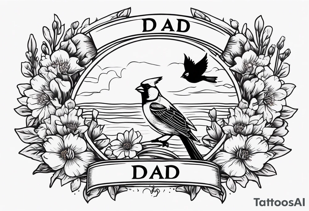 Aster flowers and sea rocket flowers with a cardinal around the words Dad tattoo idea