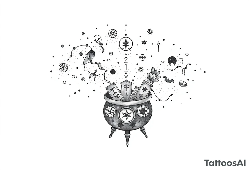 Milky way galaxy filled with zodiac symbols runes tarot cards coming out of a cauldron tattoo idea