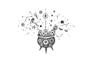 Milky way galaxy filled with zodiac symbols runes tarot cards coming out of a cauldron tattoo idea
