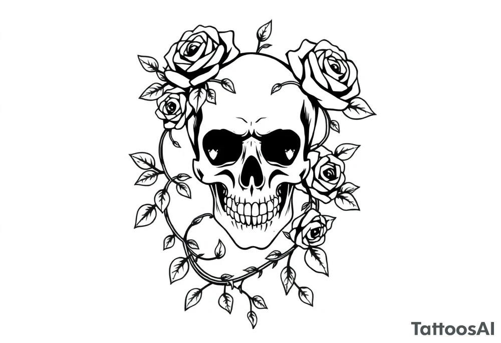 gothic skull intertwined with climbing roses and thorny vines simple weird odd surreal unreal abstract tattoo idea