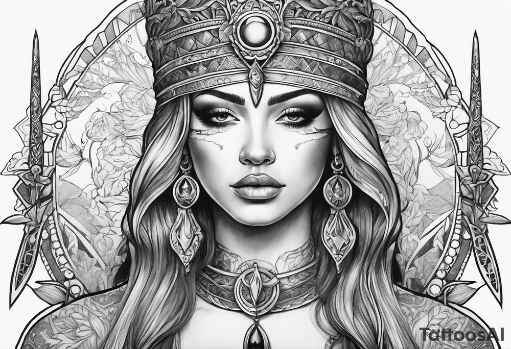Blind folded goddess with libra and dagger tattoo idea