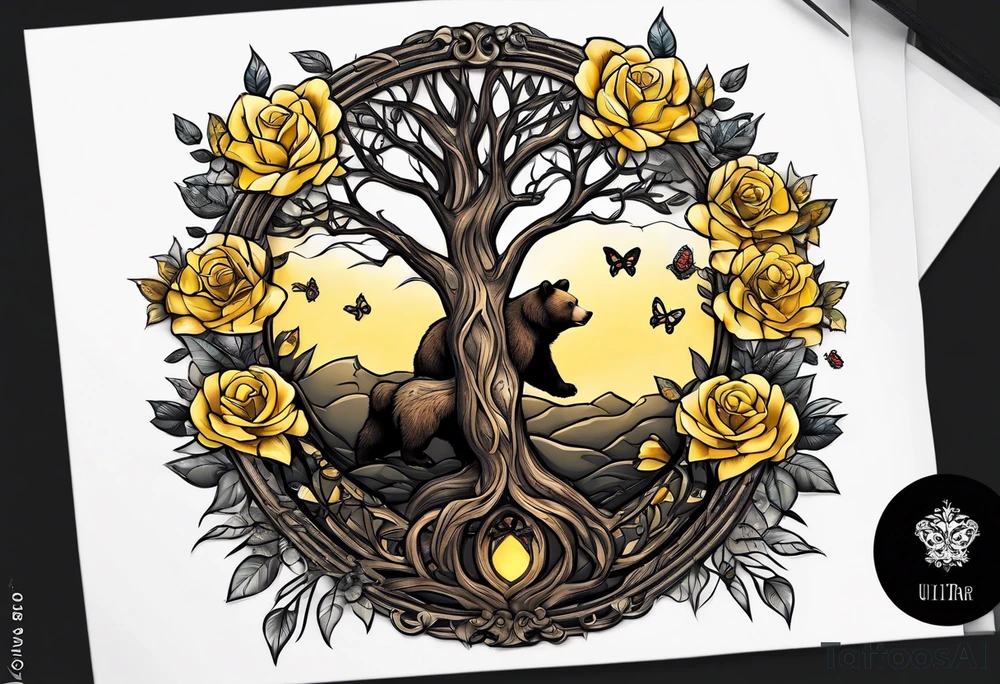 Bear under the tree of life with yellow roses and three butterflies for an upper arm tattoo. tattoo idea
