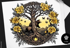 Bear under the tree of life with yellow roses and three butterflies for an upper arm tattoo. tattoo idea