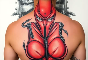 powerful female dominatrix wearing a red latex catsuit and full facemask in a bdsm dungeon tattoo idea