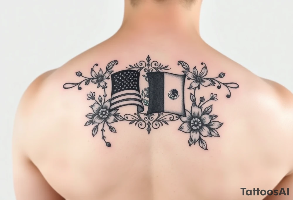 Small, feminine tattoo for placement on my clavical or lower back that reflects new life journey, delicate florals, ornaments and vines. Include U.S and Mexican flags and images of Mexican flowers. Design as if painted on a 3x3 Mexican tile with red, green and blue accents. tattoo idea