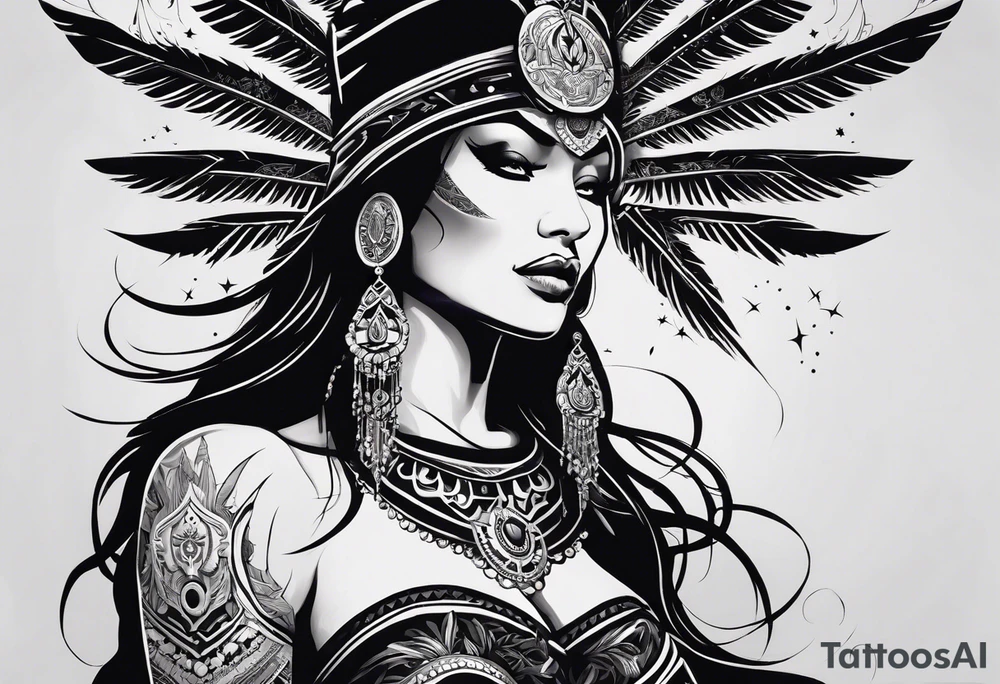 black kali, goddess pirate, alien, pachamama, valkrye, warrior, skull, lotus azul, wing, eagle, zenza resonance, stars, one side chest tattoo idea