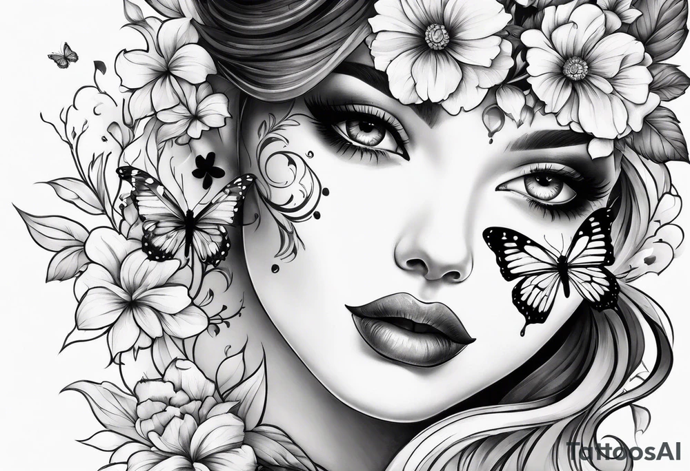 Half face with flowers and butterfly tattoo idea