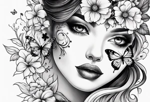 Half face with flowers and butterfly tattoo idea