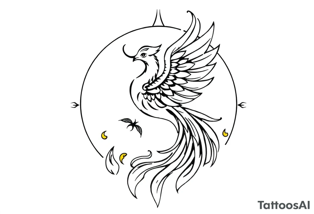 magical phoenix rising from golden flames with trailing embers surrounded by geometric sun and moon tattoo idea