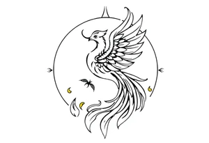 magical phoenix rising from golden flames with trailing embers surrounded by geometric sun and moon tattoo idea