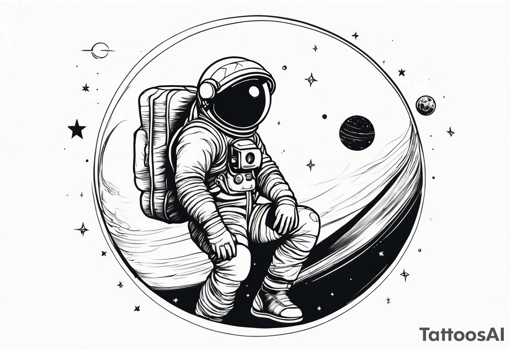 an astronaut hunched over in space from the back holding a planet in his hands tattoo idea