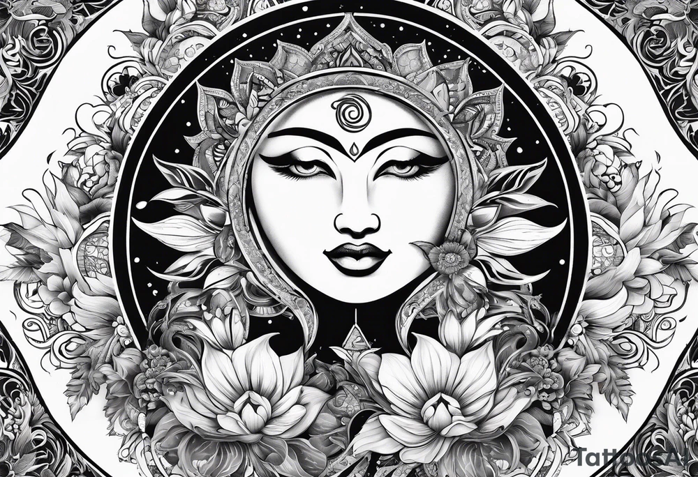 sun and moon tattoo flowing into mandala with butterflies tattoo idea