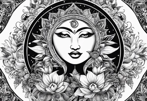 sun and moon tattoo flowing into mandala with butterflies tattoo idea