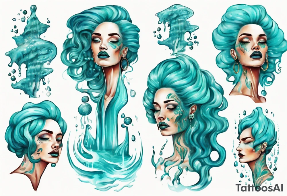 a tall woman made of water with turquoise hair tattoo idea