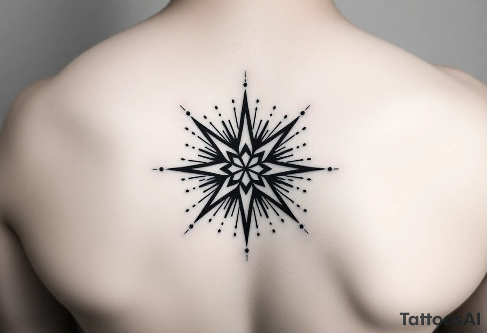 A highly artistic tattoo design with a central focus on a radiant star, symbolizing guidance and empowerment. black and white. small tattoo idea