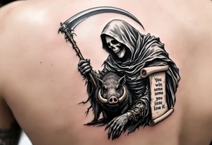 Grim reaper looking down on a bug feral boar while holding a scythe and scroll. The scoll has the words “You win some you lose some” written on it tattoo idea