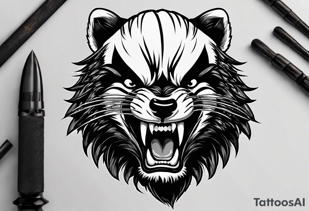 Draw me badger/wolverine with aggressive full body show, killer face with cute smile, very long nails and he attacks like a Turkish Soldier to enemy and also he has very deadly looking. The only weapon is his braveness he fights with his nails. tattoo idea