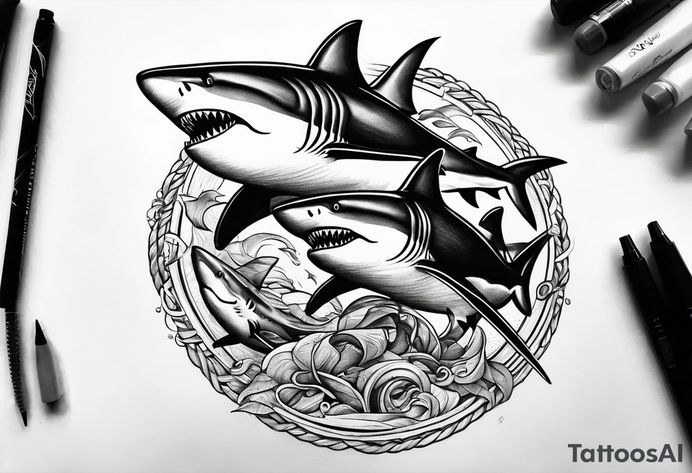 2 nautical style sharks wrapped around the knee in a circular pattern no background tattoo idea