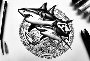 2 nautical style sharks wrapped around the knee in a circular pattern no background tattoo idea