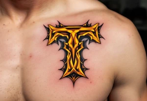 An amber "T" (matte, not neon) with slight burnished edges. tattoo idea