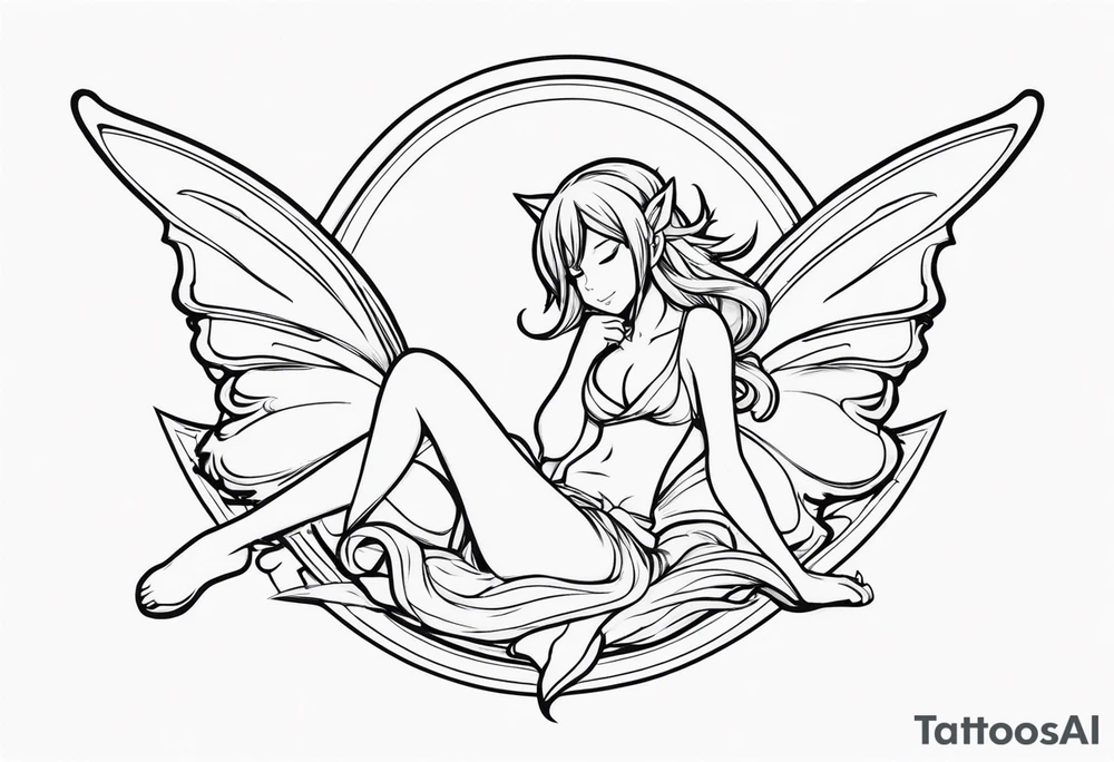 No color fairy with a tail inspired by the logo of the anime show called Fairy Tail in a fetal position leaning in and forward while sleeping tattoo idea