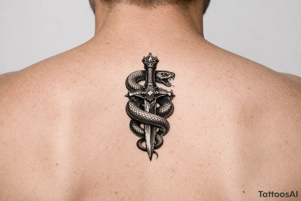 mystical snake coiled around an ancient dagger with jeweled hilt tattoo idea