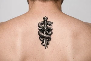 mystical snake coiled around an ancient dagger with jeweled hilt tattoo idea