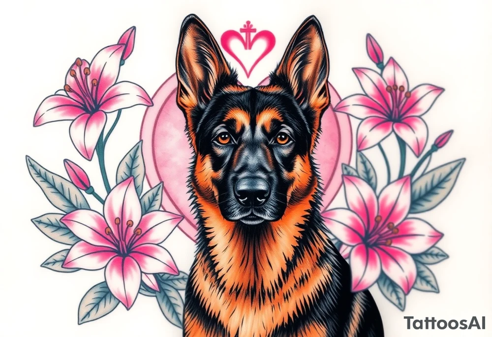 tough looking short haired german shepherd with alert ears surrounded by pink lilies with large leaves in front of a sacred heart tattoo idea