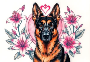 tough looking short haired german shepherd with alert ears surrounded by pink lilies with large leaves in front of a sacred heart tattoo idea