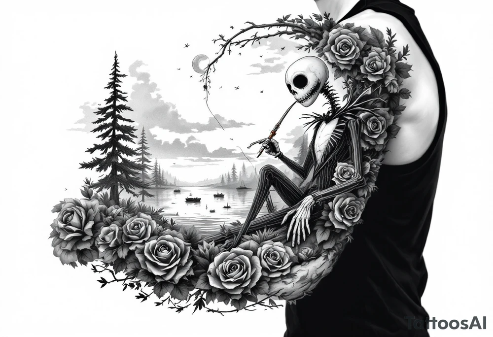 jack skellington fishing, smoking a blunt, sitting on moon , clouds, boats, pine trees, roses tattoo idea