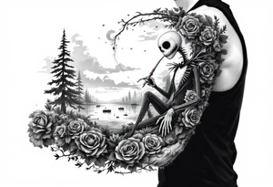 jack skellington fishing, smoking a blunt, sitting on moon , clouds, boats, pine trees, roses tattoo idea