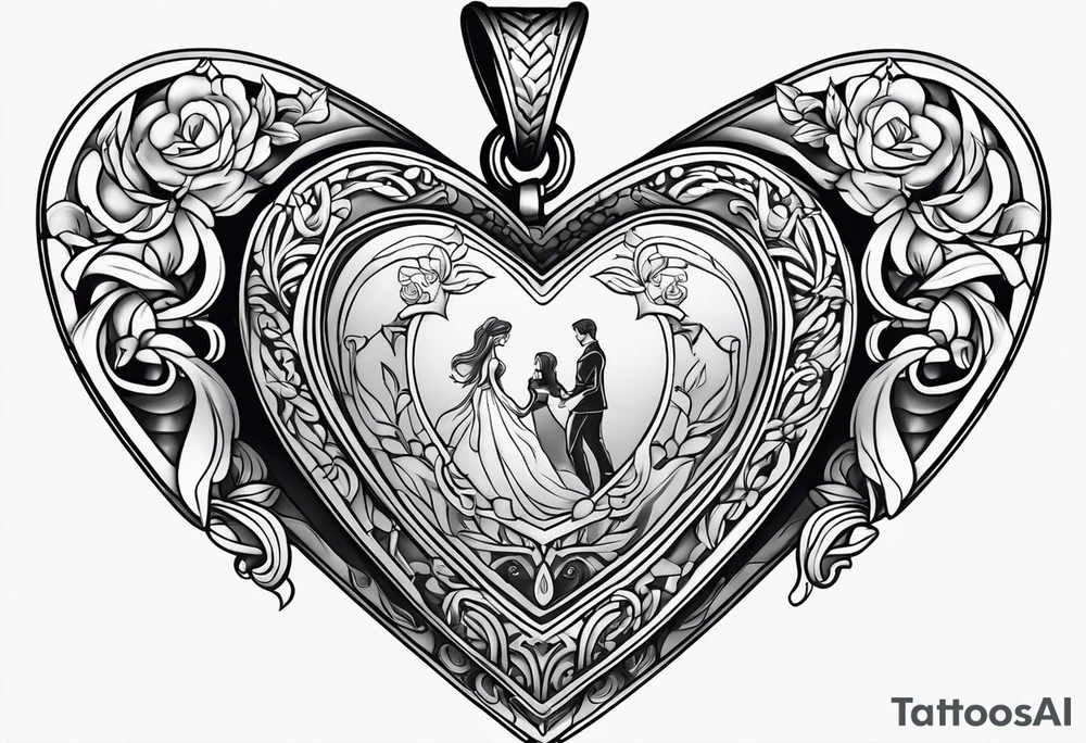 necklace heart locket with a male and female shadow hugging tattoo idea