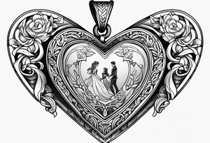 necklace heart locket with a male and female shadow hugging tattoo idea