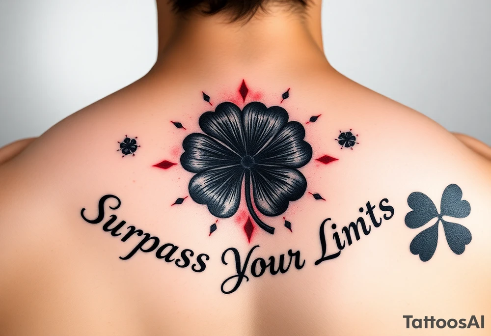 Black 5 leaf clovers ( with red aura ) surrounding the words “ Surpass Your Limits” FOREARM tattoo inspired by Black Clover anime tattoo idea