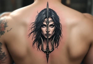 american indian woman face with black hair behind trident tattoo idea