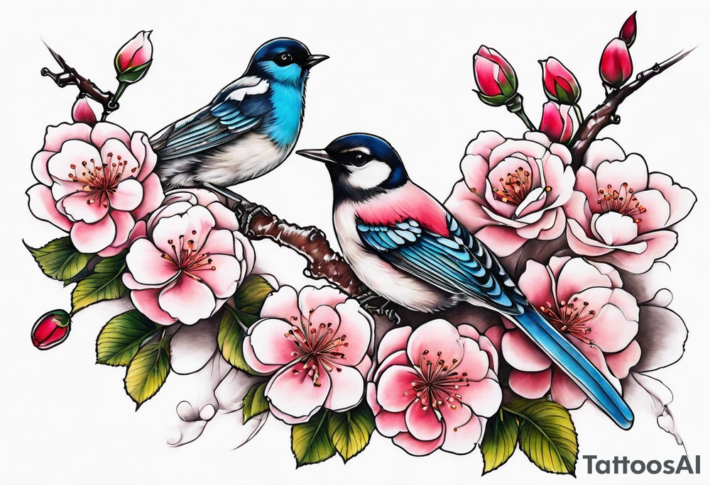 Japanese cherry blossom with birds, butterflies and rose tattoo idea