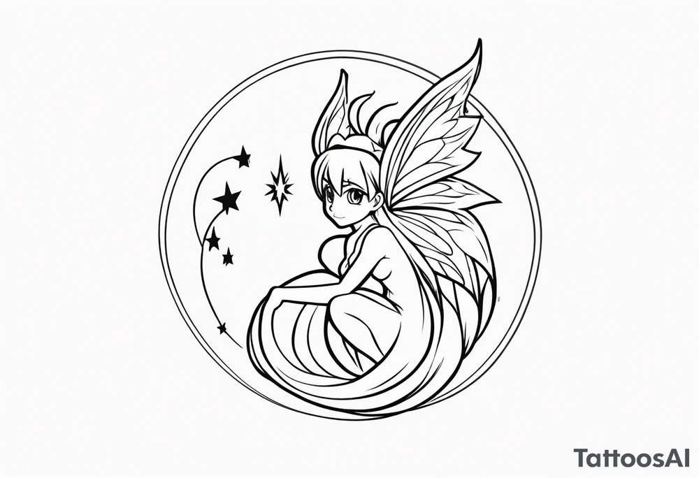 A fairy with a tail inspired by the logo of the show called Fairy Tail in a fetal position tattoo idea