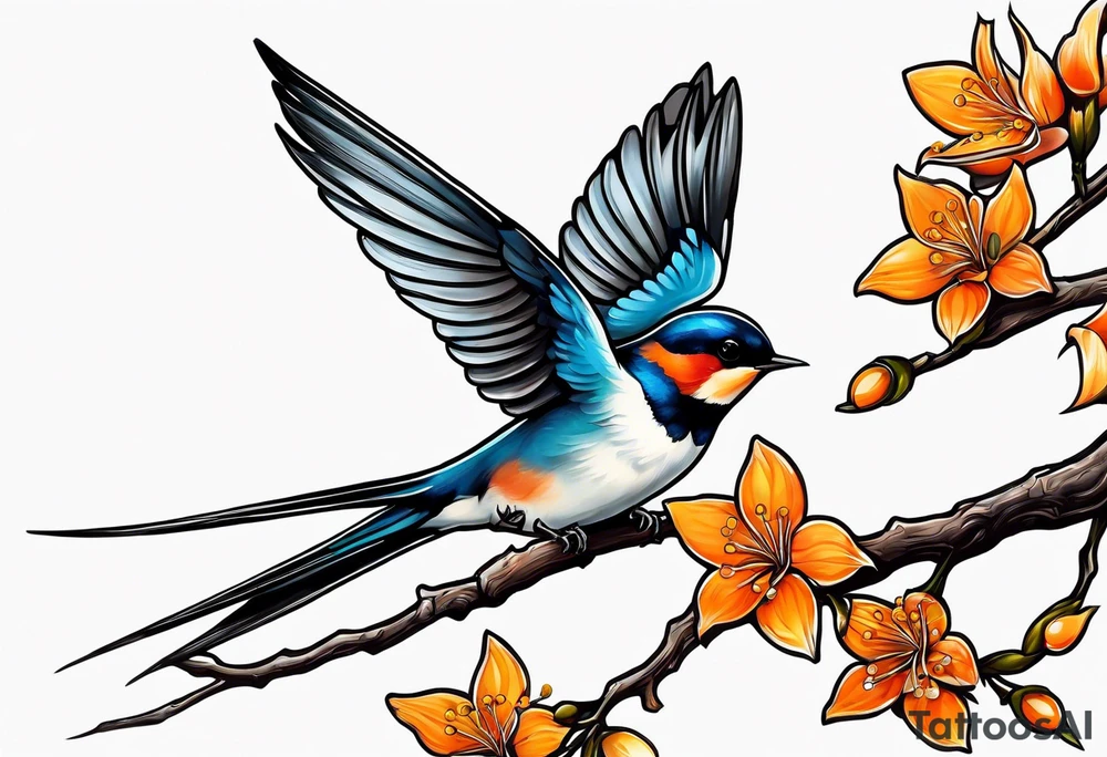 swallow lifting off of branch with orange blossoms tattoo idea