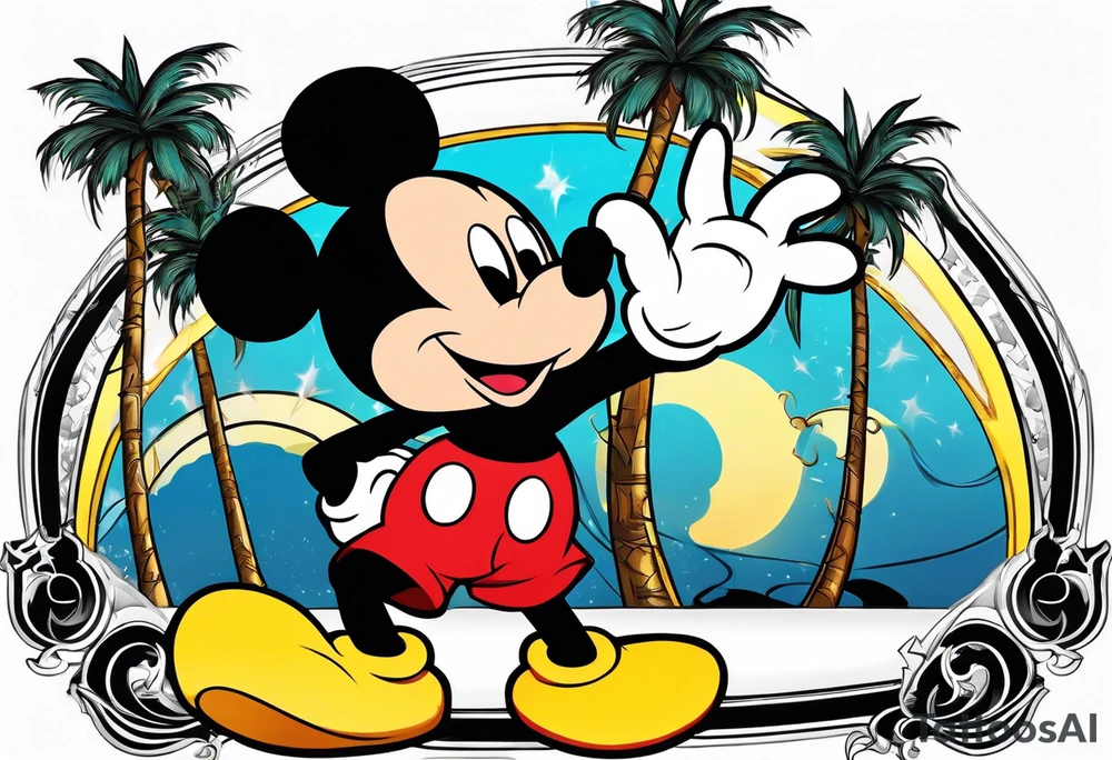 mickey mouse holding lightning with palm trees doing martial arts at the disney castle tattoo idea