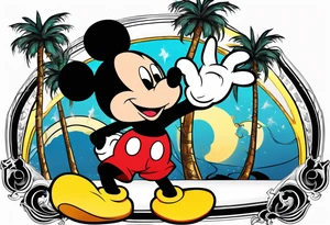 mickey mouse holding lightning with palm trees doing martial arts at the disney castle tattoo idea