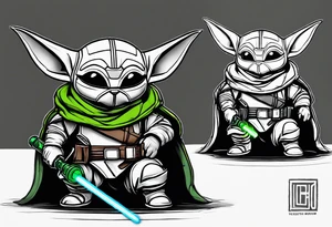 Baby grogu wearing mandalorian armor,  crouched down like he's about to jump,  weilding a green lightsaber. tattoo idea