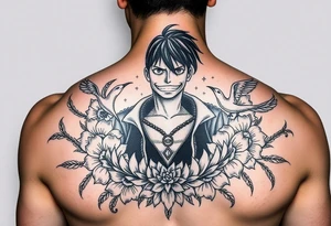 powerful majestic  luffy from one piece, surrounded by floral ornaments and birds tattoo idea