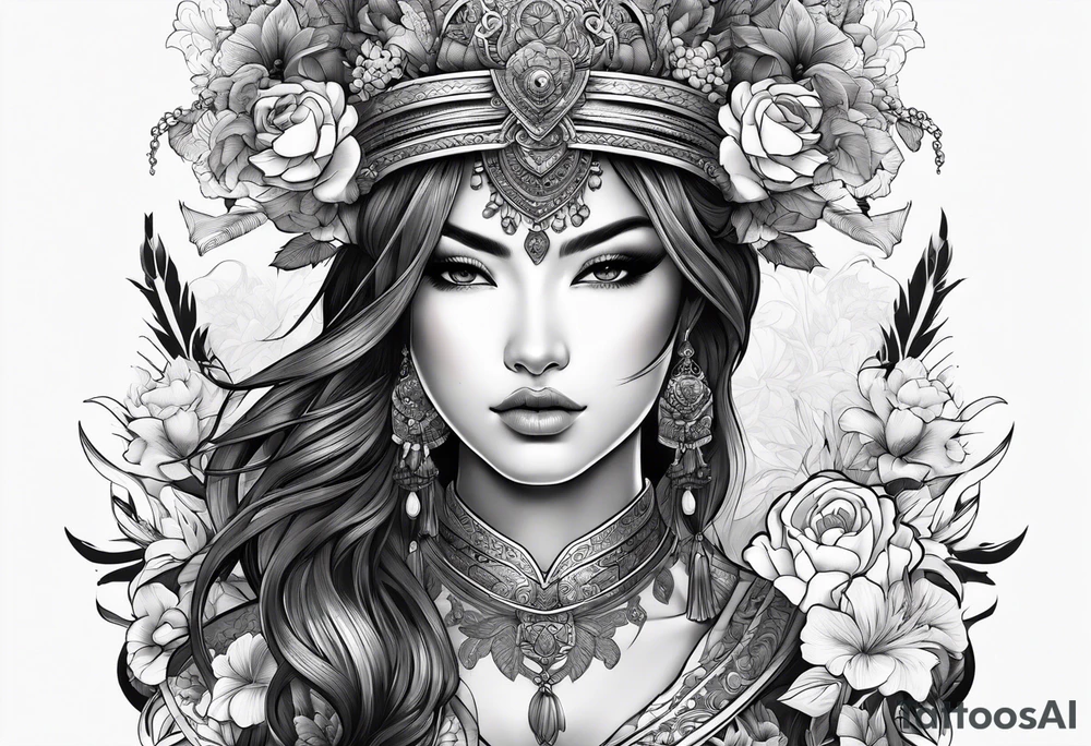 ornate beautiful woman warrior with weapon floral  tattoo tattoo idea